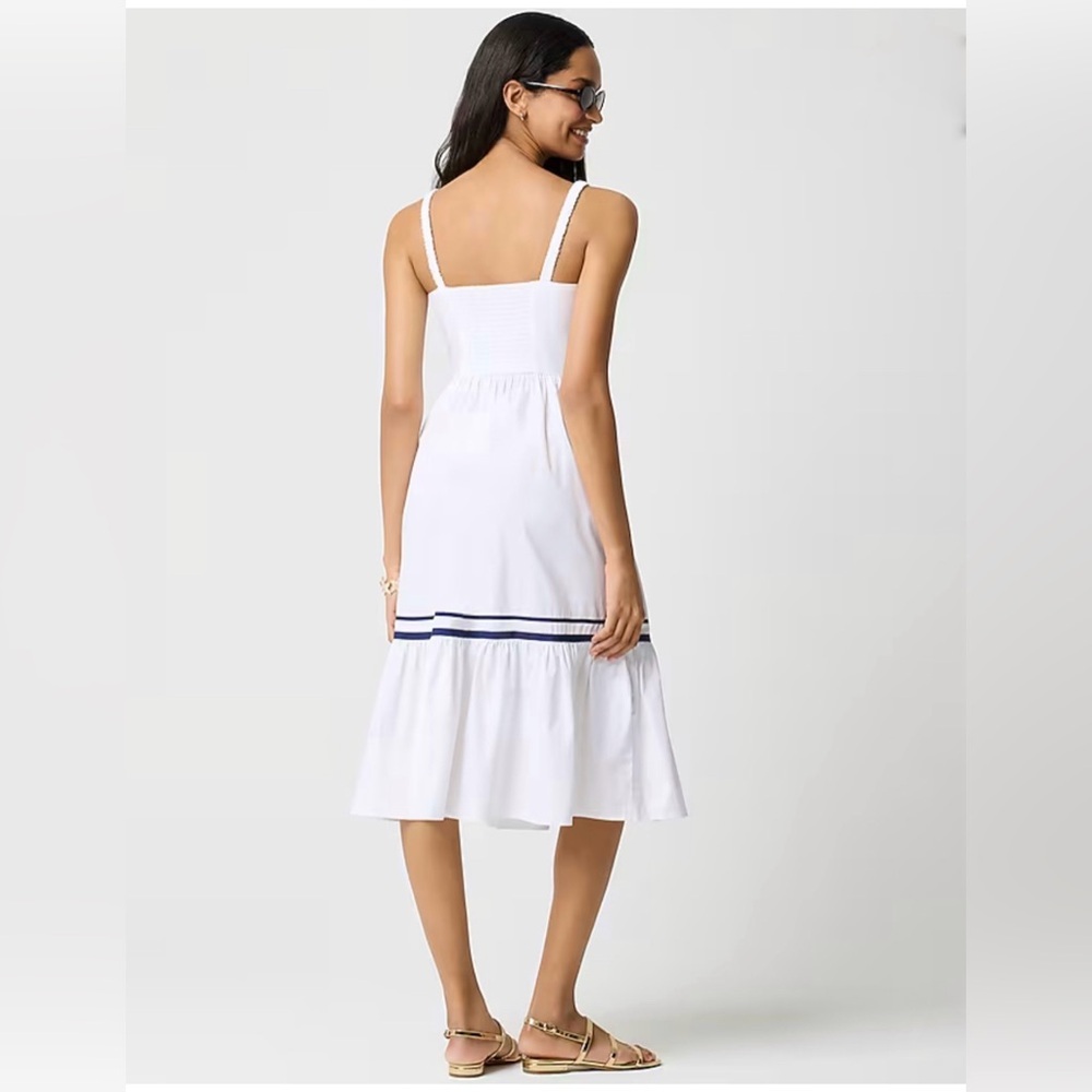 Brand New J. Crew Women’s Corset White Midi Dress with Blue Trim, Size 10, NWT - Picture 2 of 3